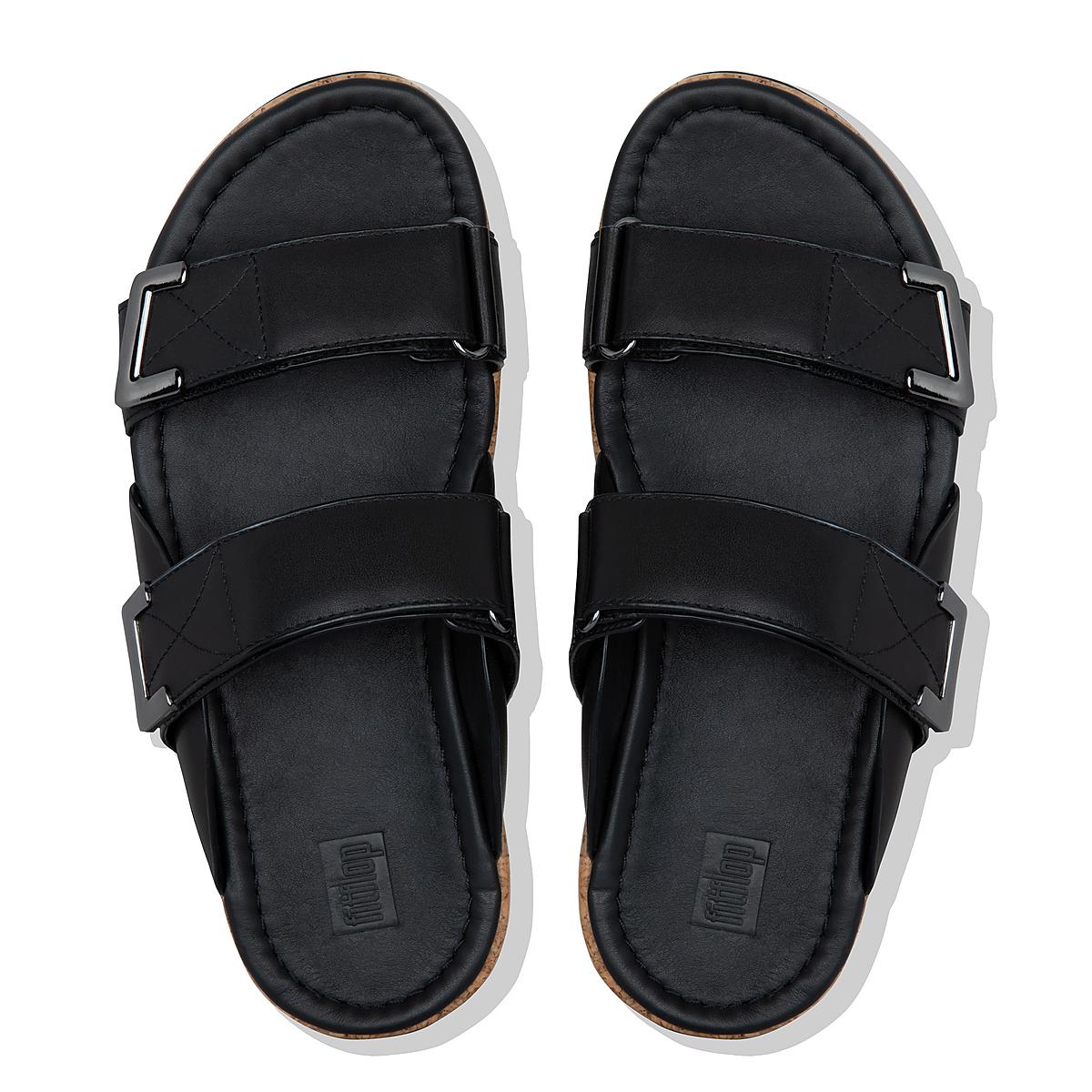 Fitflop REMI Adjustable Leather Slides Sandalen Dames Zwart | KZH685071