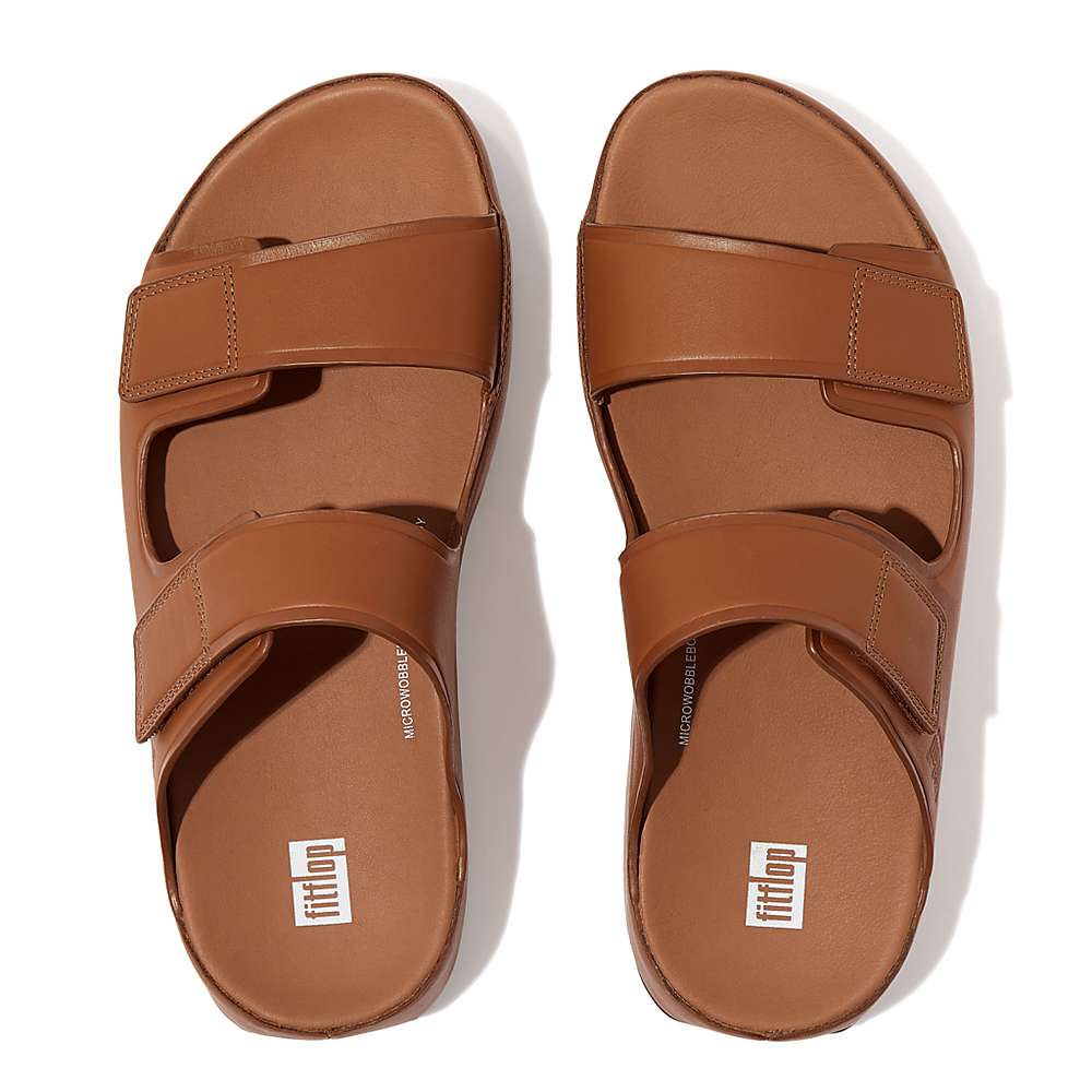 Fitflop SAMEL Adjustable Leather Slides Sandalen Heren Lichtbruin | IMU285106