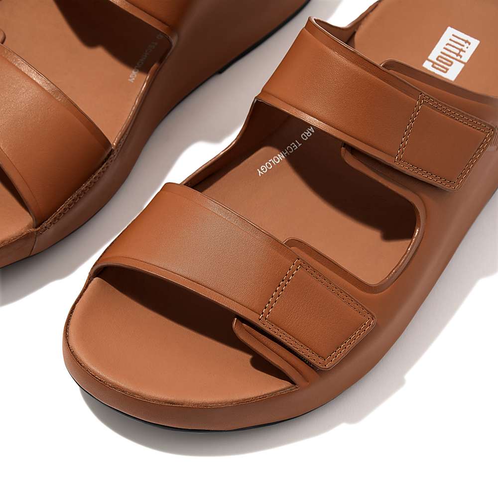 Fitflop SAMEL Adjustable Leather Slides Sandalen Heren Lichtbruin | IMU285106