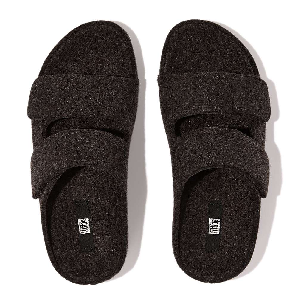 Fitflop SHUV E01 Adjustable Two-Bar Felt Slides Sandalen Dames Zwart | LDU602491