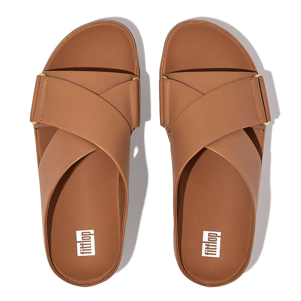 Fitflop SHUV Leather Cross Slides Sandalen Dames Bruin | LCS250194