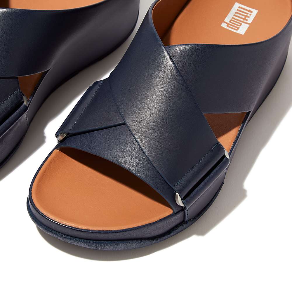 Fitflop SHUV Leather Cross Slides Sandalen Dames Donkerblauw | PTZ708652