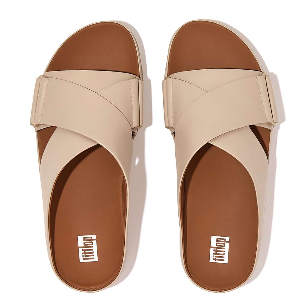 Fitflop SHUV Leather Cross Slides Sandalen Dames Grijs Beige | WQG073529