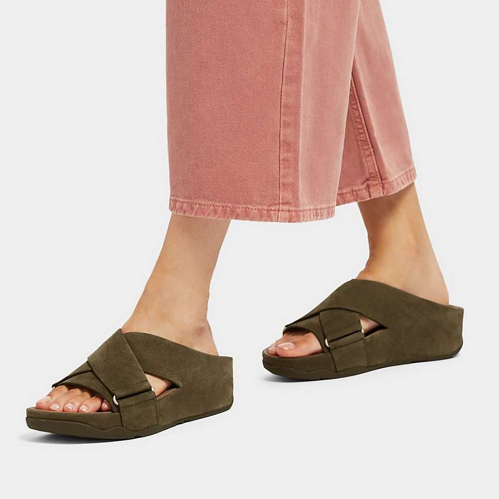 Fitflop SHUV Nubuck Cross Slides Sandalen Dames Olijfgroen | DQT387642