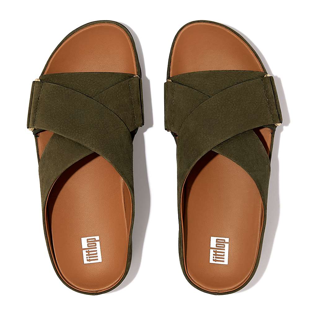 Fitflop SHUV Nubuck Cross Slides Sandalen Dames Olijfgroen | DQT387642