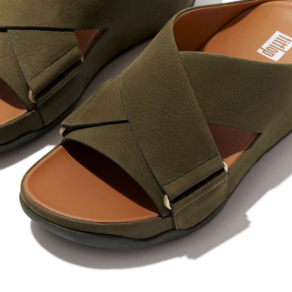 Fitflop SHUV Nubuck Cross Slides Sandalen Dames Olijfgroen | DQT387642