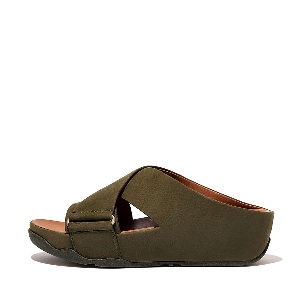 Fitflop SHUV Nubuck Cross Slides Sandalen Dames Olijfgroen | DQT387642