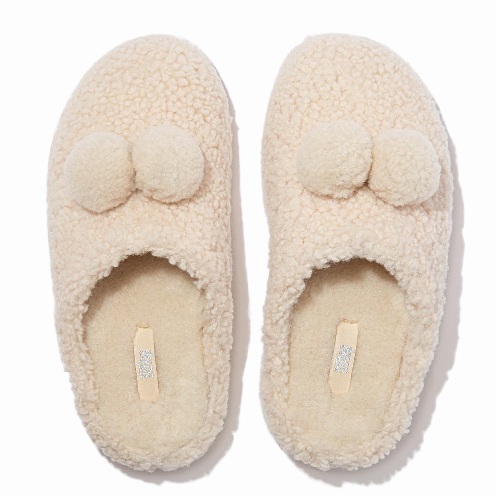 Fitflop SHUV Pom-Pom Shearling Clog Slippers Dames Wit | XQZ269140