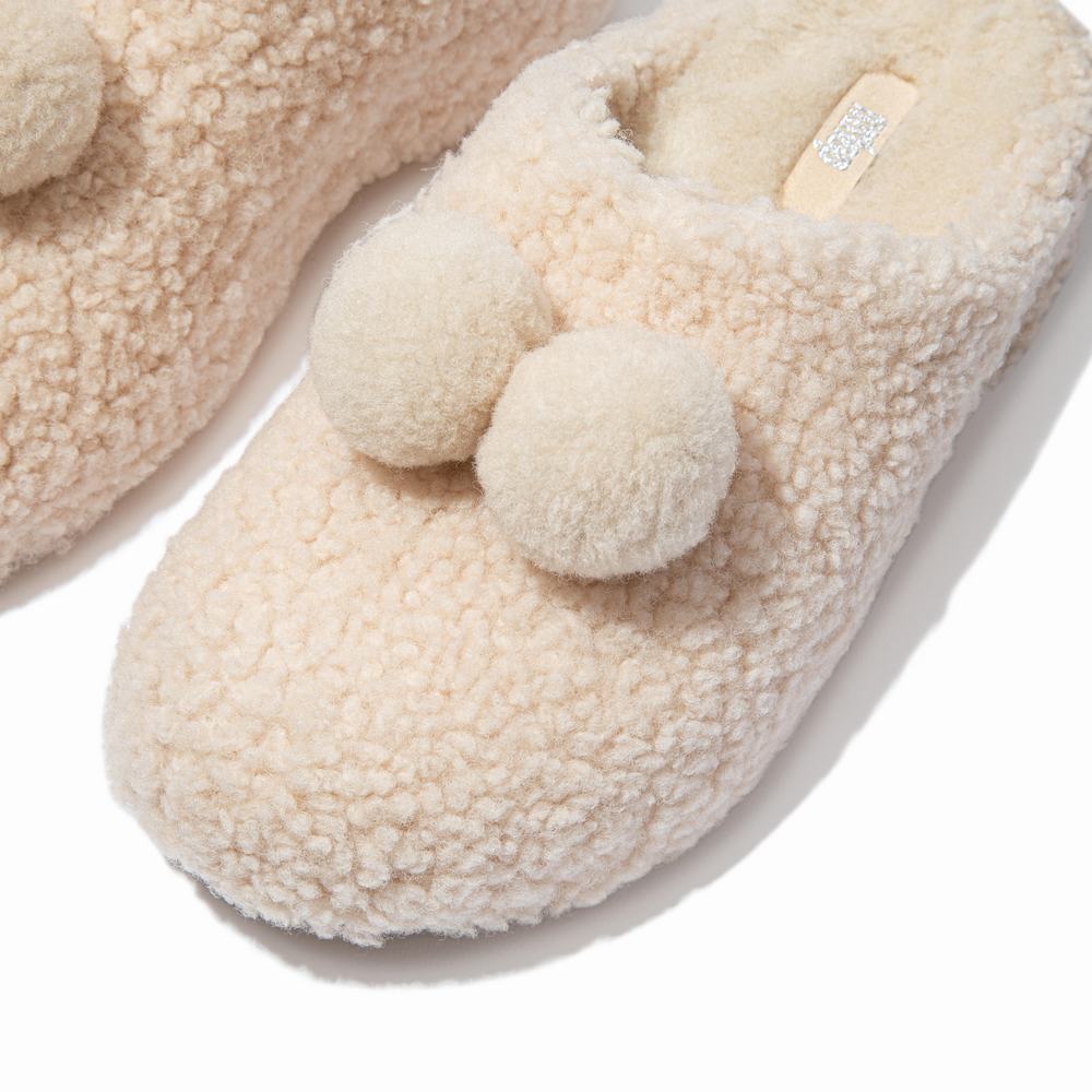 Fitflop SHUV Pom-Pom Shearling Clog Slippers Dames Wit | XQZ269140