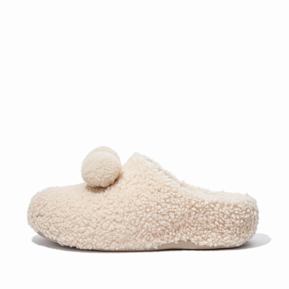 Fitflop SHUV Pom-Pom Shearling Clog Slippers Dames Wit | XQZ269140