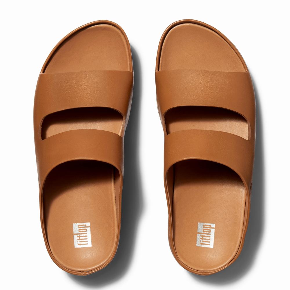 Fitflop SHUV Two-Bar Leather Slides Sandalen Dames Lichtbruin | BRV567908