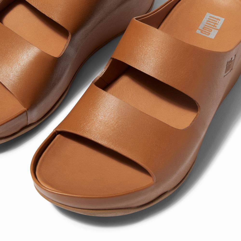 Fitflop SHUV Two-Bar Leather Slides Sandalen Dames Lichtbruin | BRV567908