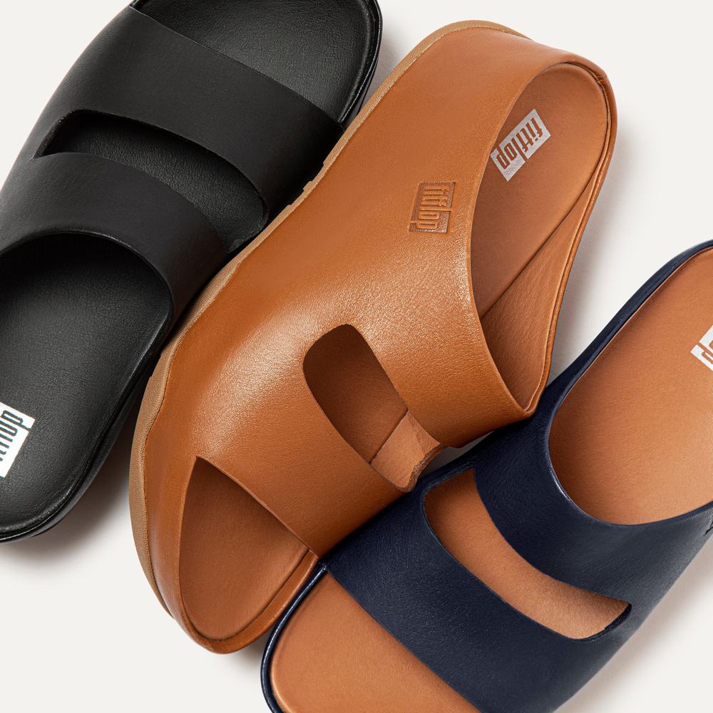 Fitflop SHUV Two-Bar Leather Slides Sandalen Dames Lichtbruin | BRV567908