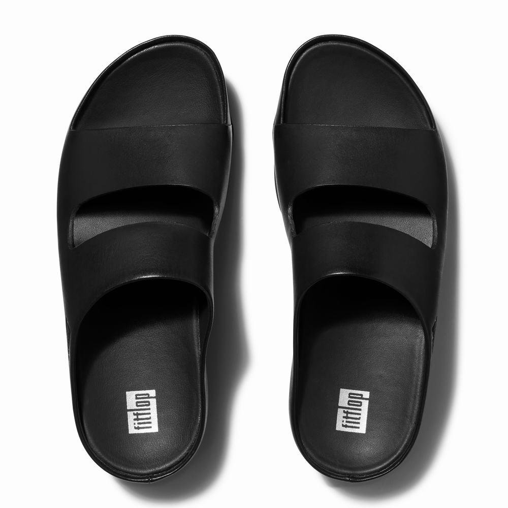 Fitflop SHUV Two-Bar Leather Slides Sandalen Dames Zwart | JQZ632784