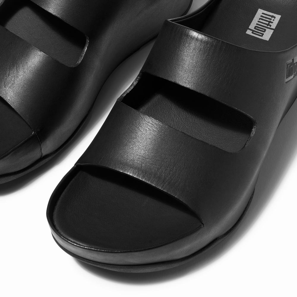 Fitflop SHUV Two-Bar Leather Slides Sandalen Dames Zwart | JQZ632784