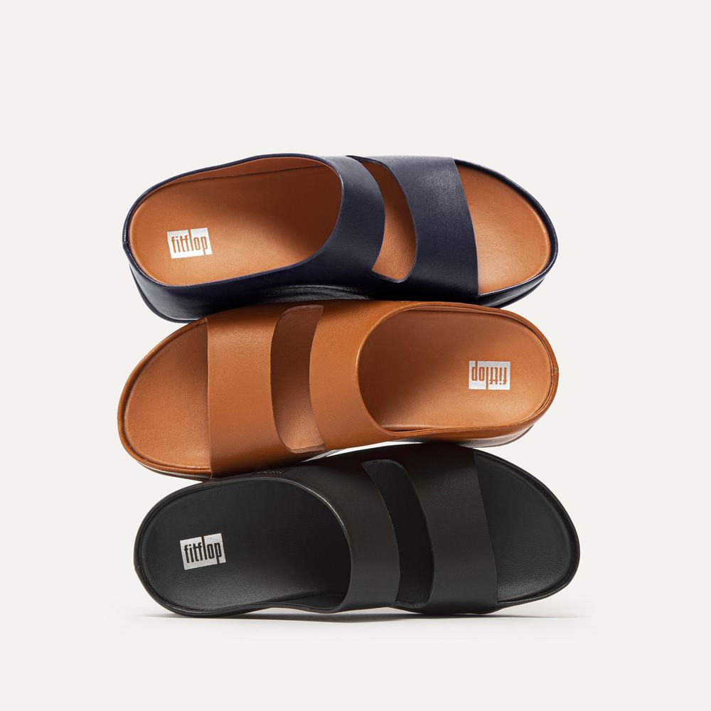 Fitflop SHUV Two-Bar Leather Slides Sandalen Dames Zwart | JQZ632784