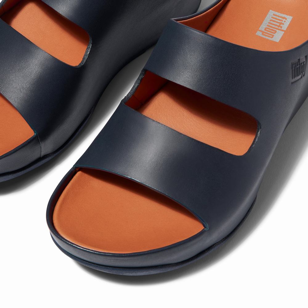 Fitflop SHUV Two-Bar Leather Slides Sandalen Dames Donkerblauw | VUM467293