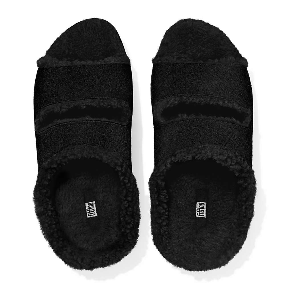 Fitflop SHUV Two-Bar Shearling Suede Slides Slippers Dames Zwart | JPD031948