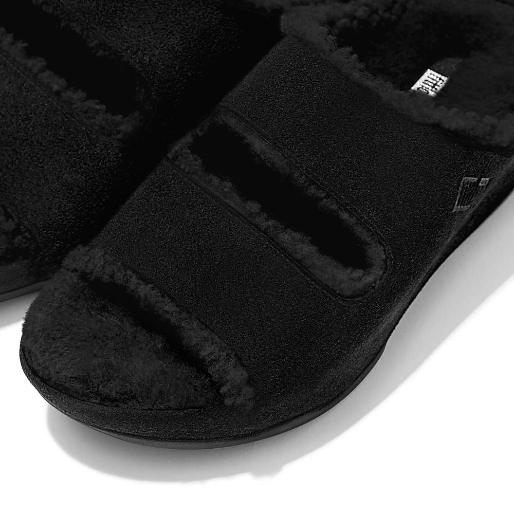 Fitflop SHUV Two-Bar Shearling Suede Slides Slippers Dames Zwart | JPD031948