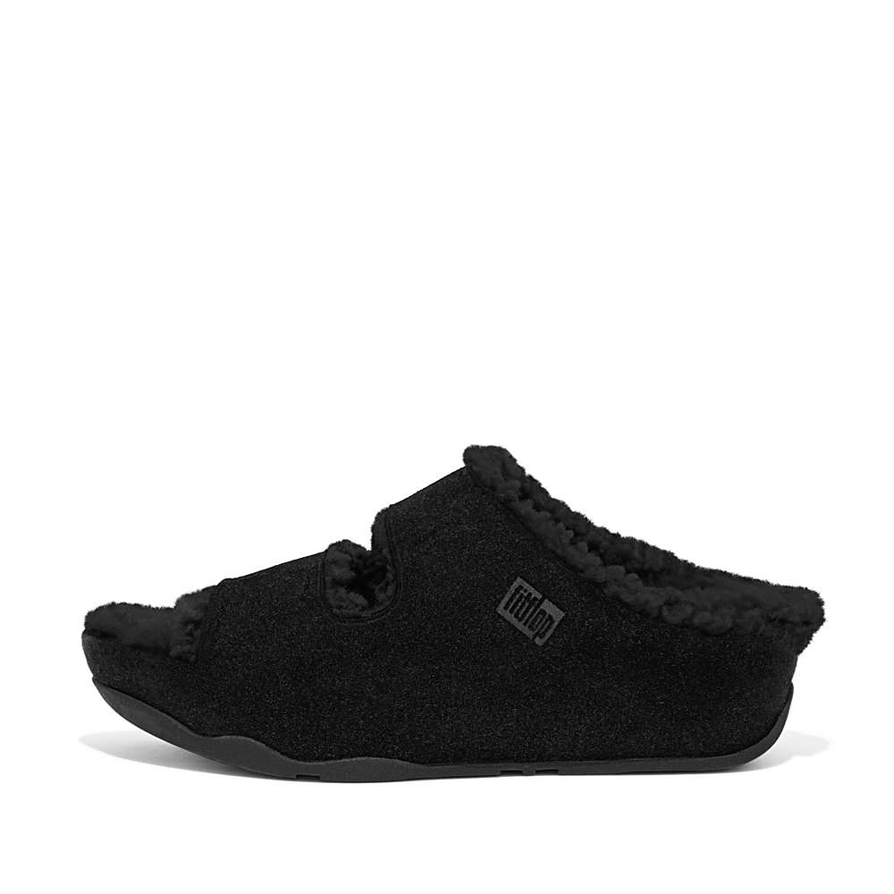 Fitflop SHUV Two-Bar Shearling Suede Slides Slippers Dames Zwart | JPD031948