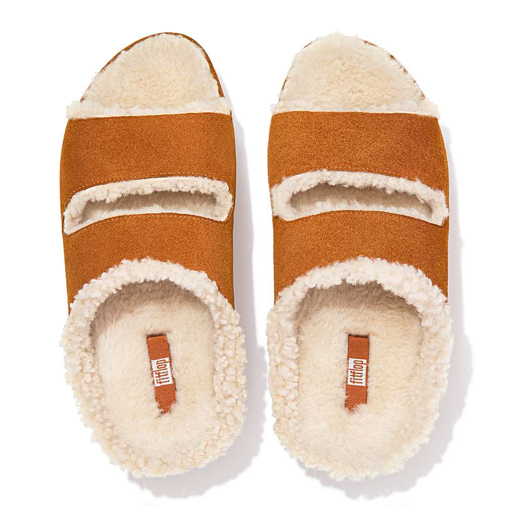 Fitflop SHUV Two-Bar Shearling Suede Slides Slippers Dames Lichtbruin | LNC293054