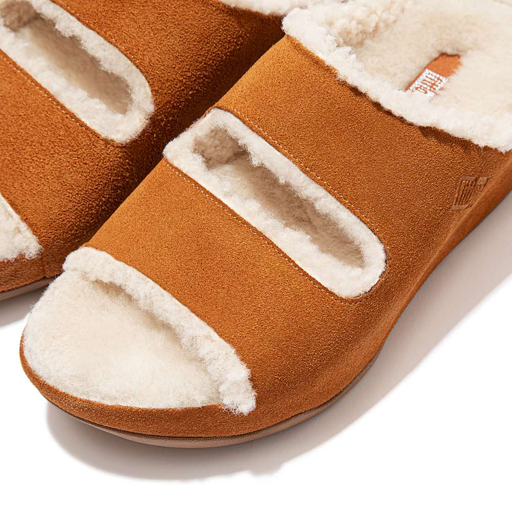 Fitflop SHUV Two-Bar Shearling Suede Slides Slippers Dames Lichtbruin | LNC293054