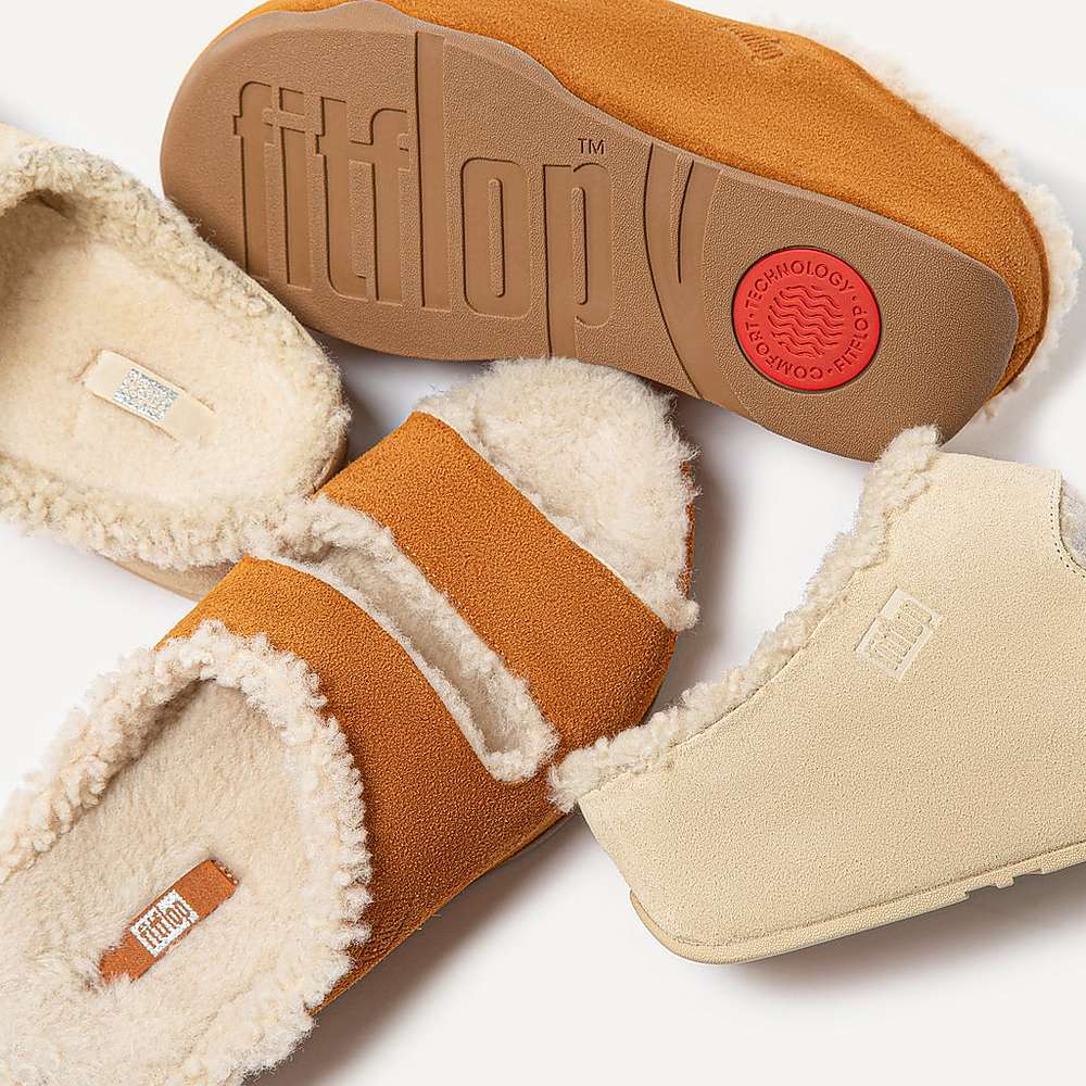 Fitflop SHUV Two-Bar Shearling Suede Slides Slippers Dames Lichtbruin | LNC293054