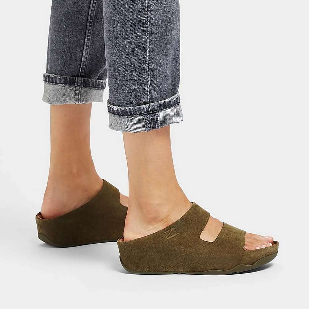 Fitflop SHUV Two-Bar Suede Slides Sandalen Dames Olijfgroen | QNB921754