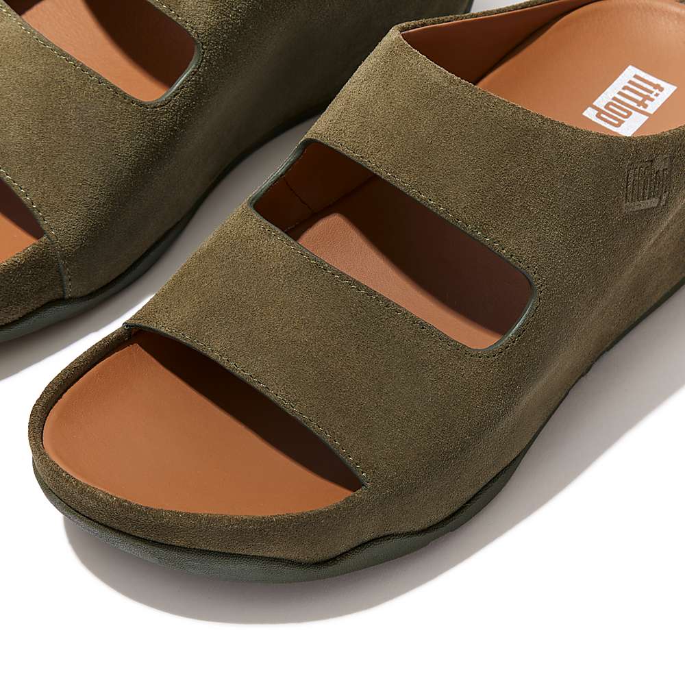 Fitflop SHUV Two-Bar Suede Slides Sandalen Dames Olijfgroen | QNB921754