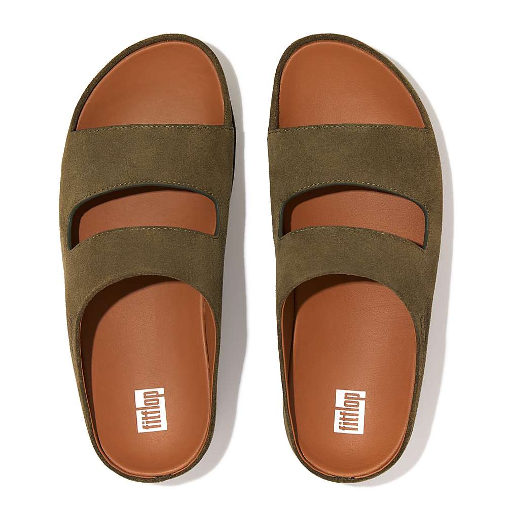 Fitflop SHUV Two-Bar Suede Slides Sandalen Dames Olijfgroen | QNB921754