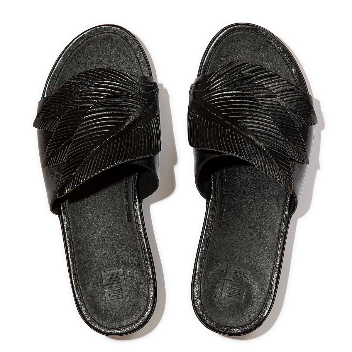 Fitflop SOLA Feather Metallic Leather Slides Sandalen Dames Zwart | AWS402537