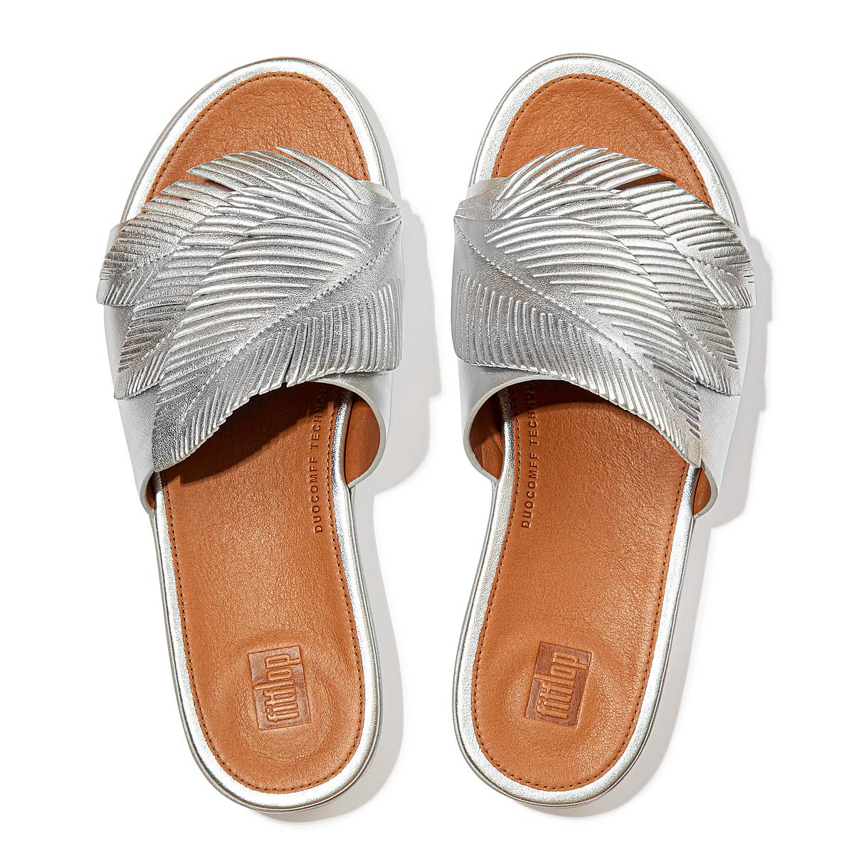 Fitflop SOLA Feather Metallic Leather Slides Sandalen Dames Zilver | GEA497183