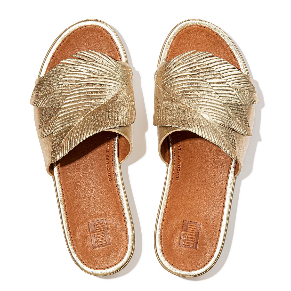 Fitflop SOLA Feather Metallic Leather Slides Sandalen Dames Bruin Goud | IMH398251