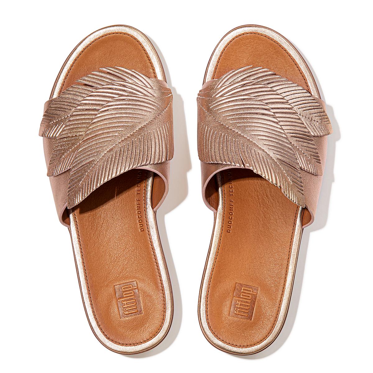 Fitflop SOLA Feather Metallic Leather Slides Sandalen Dames Roze Goud | VHQ082731