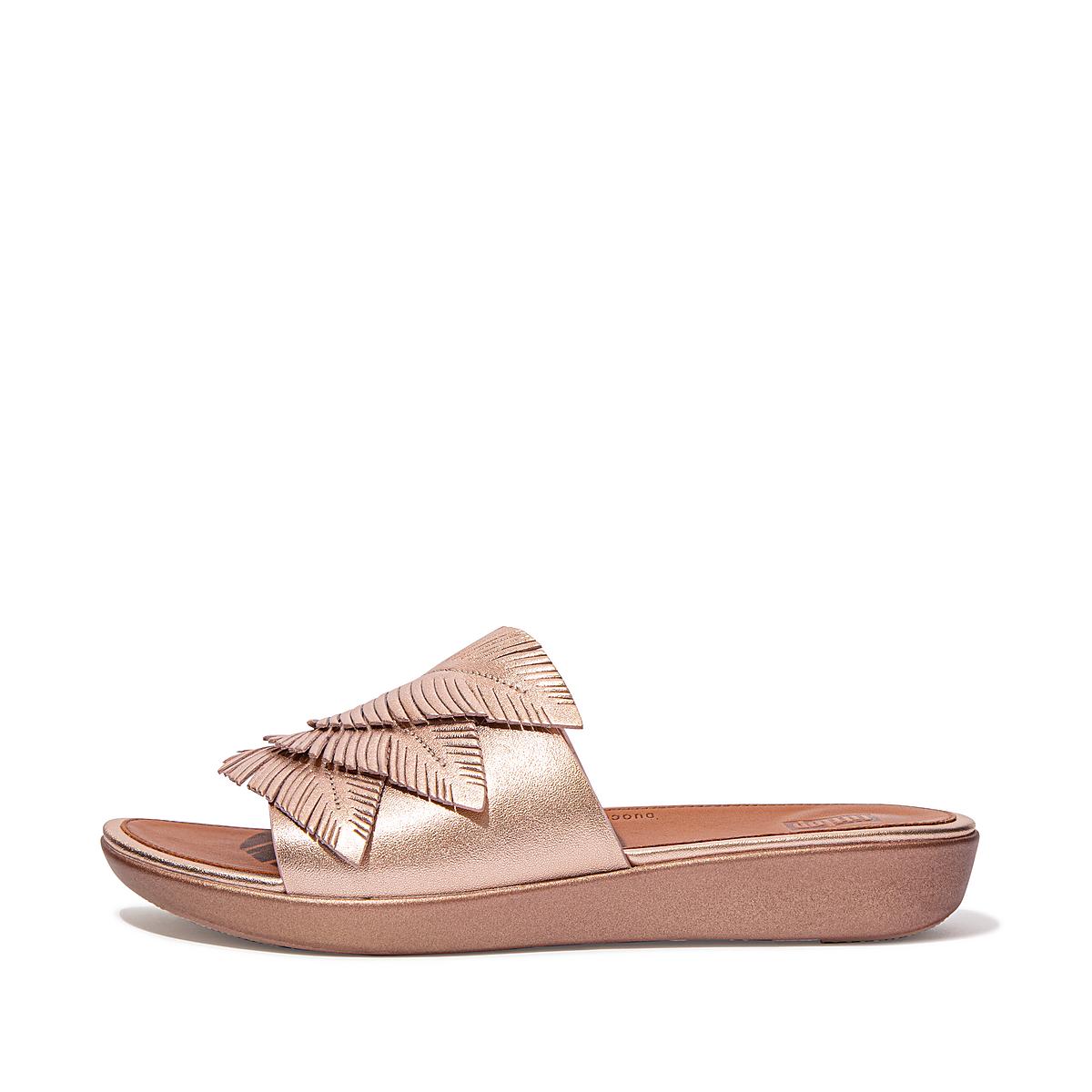 Fitflop SOLA Feather Metallic Leather Slides Sandalen Dames Roze Goud | VHQ082731