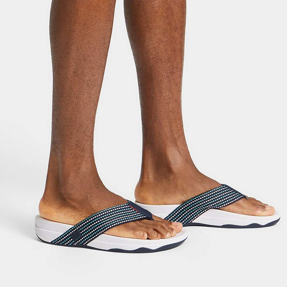 Fitflop SURFER Stripe Toe-Post Sandalen Heren Donkerblauw Wit | ECG514760