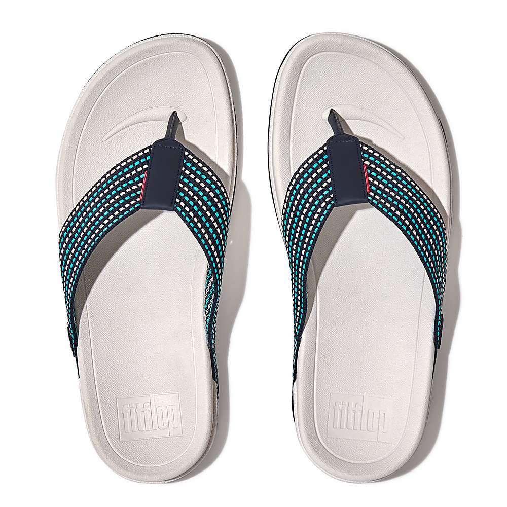 Fitflop SURFER Stripe Toe-Post Sandalen Heren Donkerblauw Wit | ECG514760