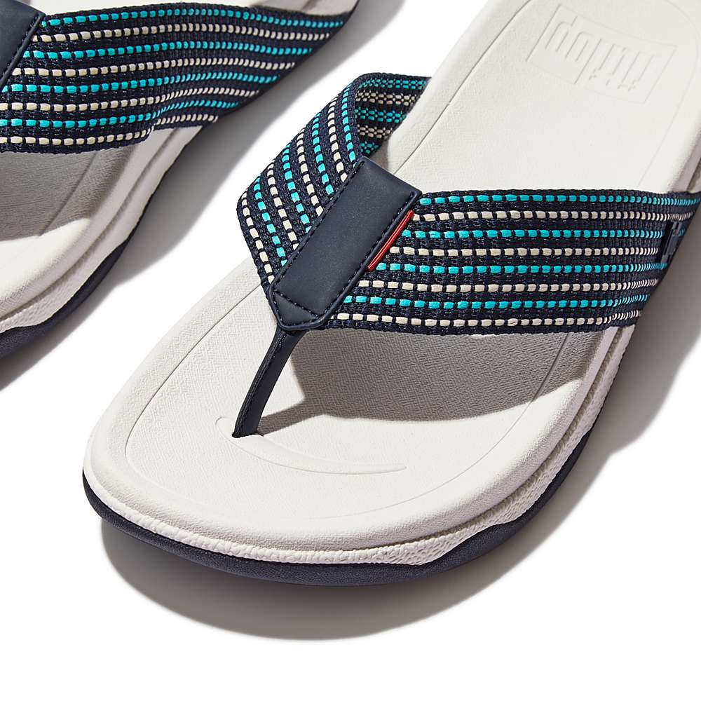 Fitflop SURFER Stripe Toe-Post Sandalen Heren Donkerblauw Wit | ECG514760