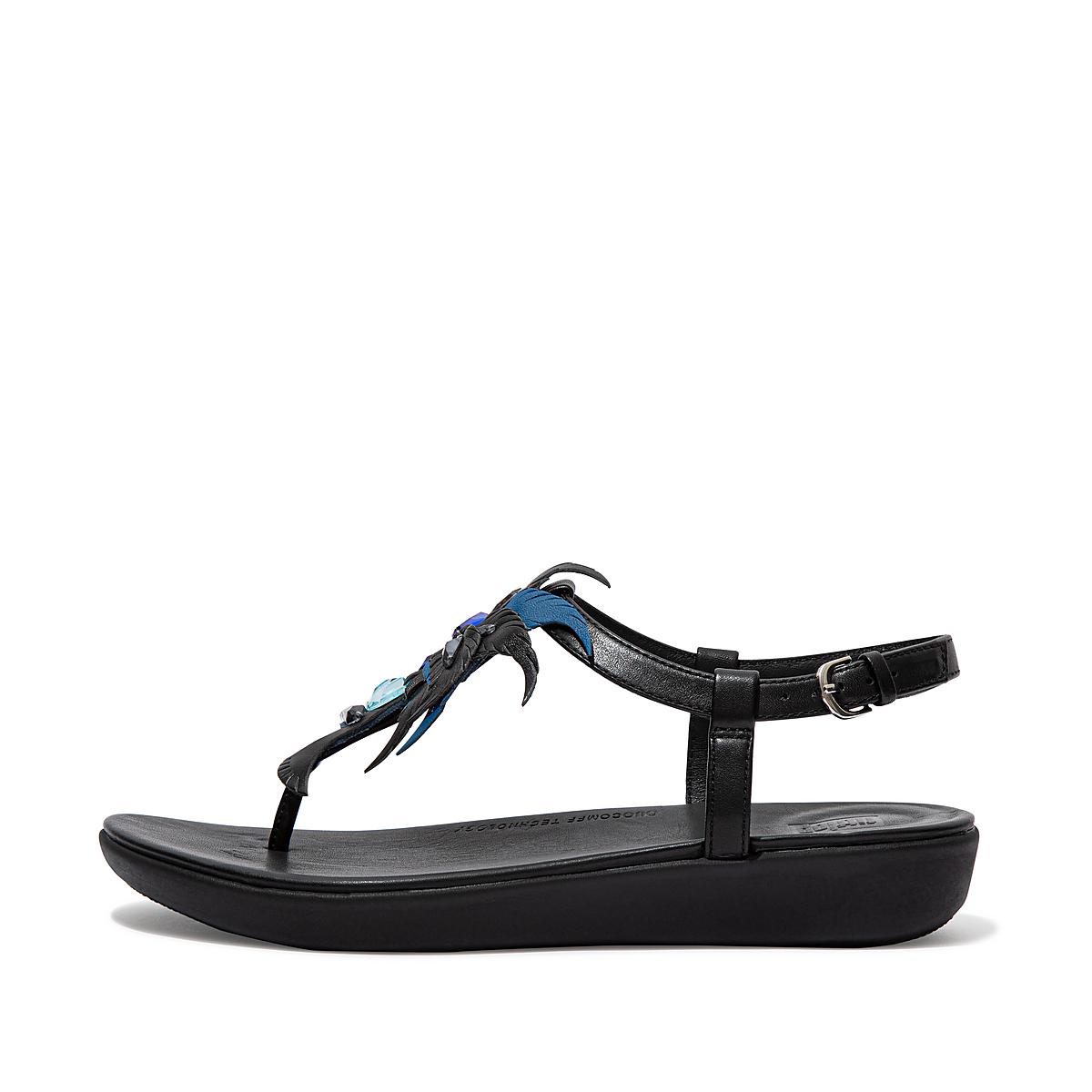 Fitflop TIA Jewel Feather Leather Back-Strap Sandalen Dames Zwart | ILF648059